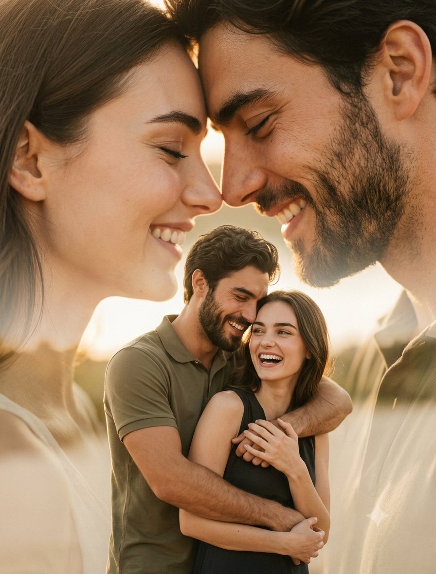 A warm double-exposure portrait of a laughing couple embracing