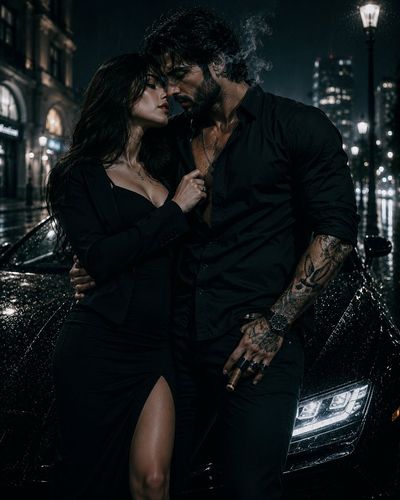 A midnight power couple shares intense chemistry beside a luxury car