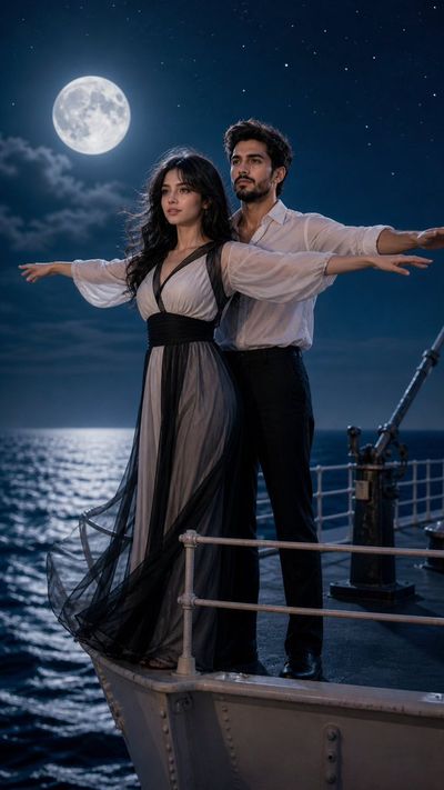 Moonlit Lovers on the Ship’s Bow