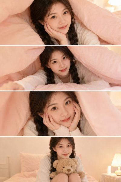 A cozy bedroom photo strip captures soft pastel pink vibes