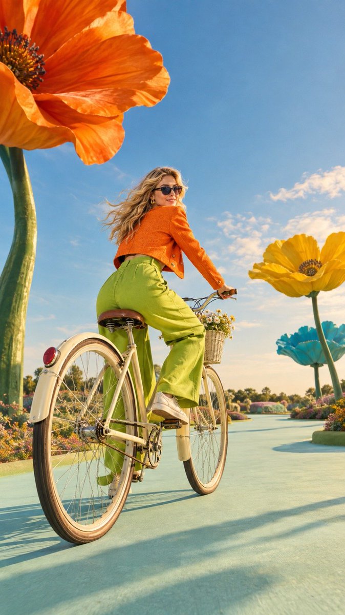 Blonde cyclist rides vintage bike through surreal oversized flower garden