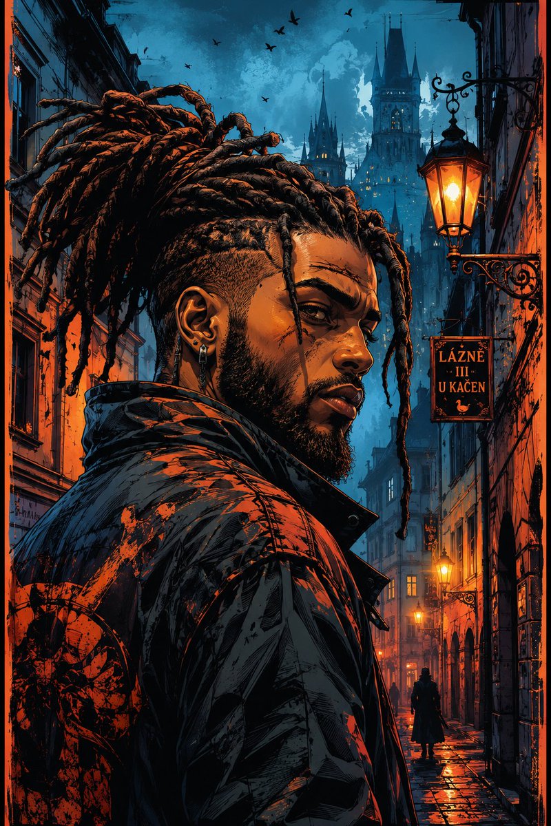 Dreadlocked man stands in teal and orange alley at dusk