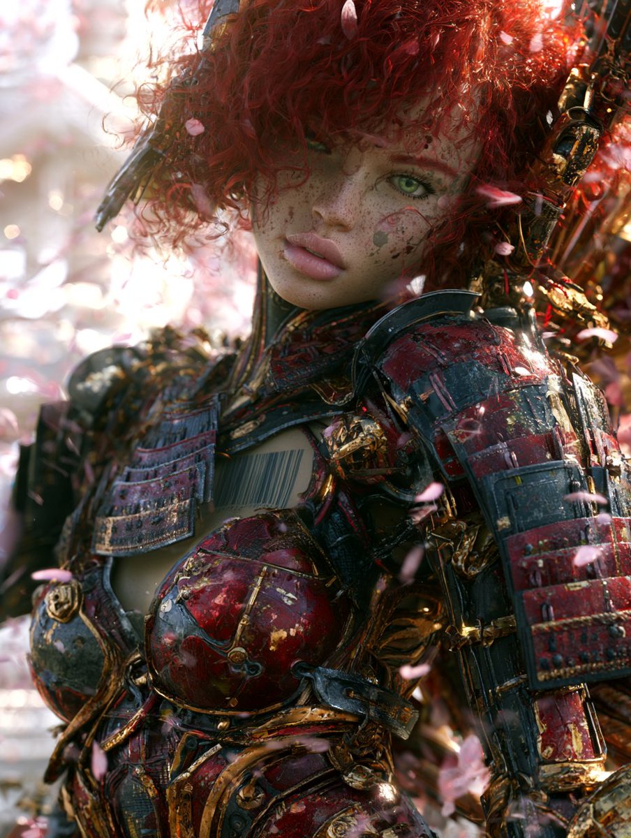 Red-haired samurai with freckles stands amid falling cherry blossoms