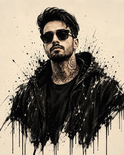 A moody ink-splash portrait shows a face in sunglasses and hoodie.