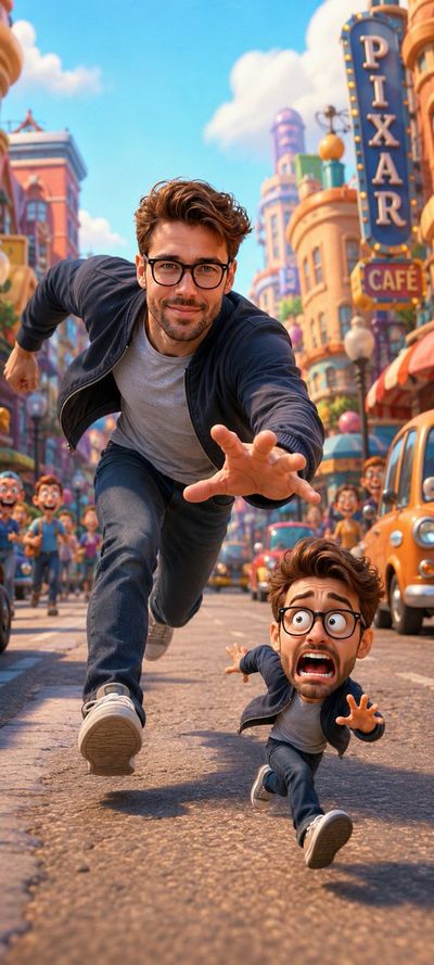 A boy sprints with euphoric face toward his tiny Pixar clone