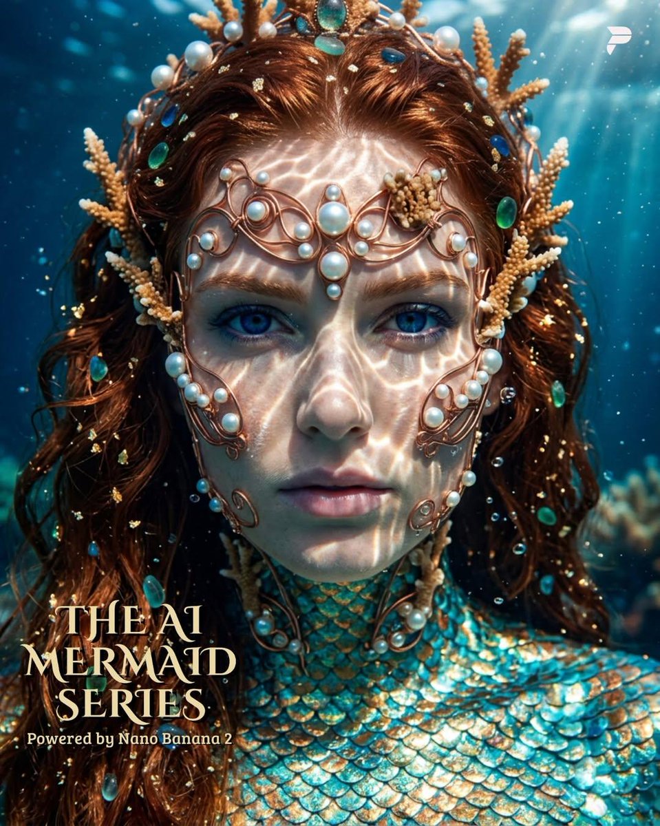 Mermaid sovereign with copper filigree stares through dancing light