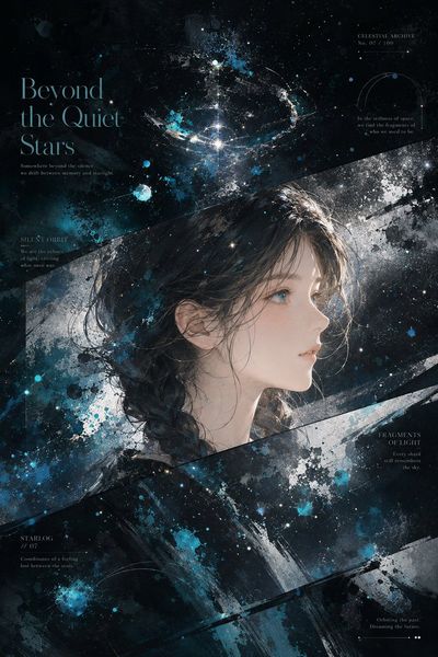 A melancholic side profile drifts through cosmic watercolor space