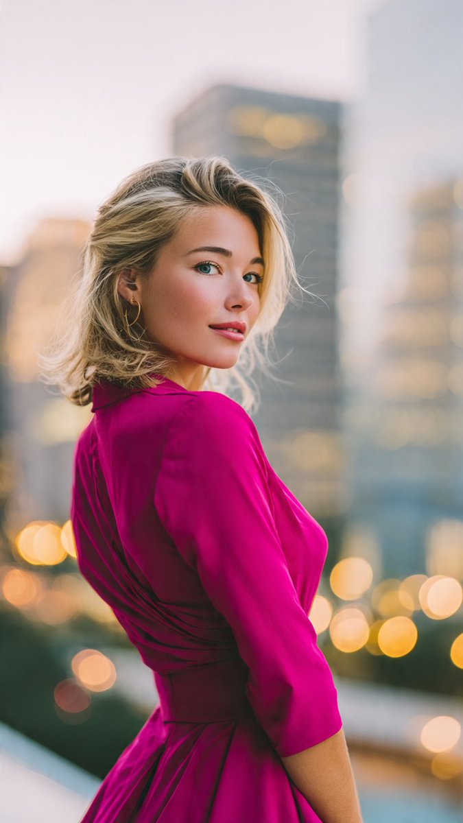 A woman in a fuchsia dress poses gracefully against glowing city lights.