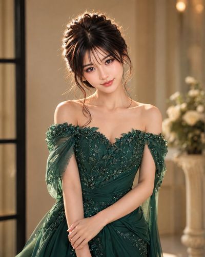 Emerald Gowned Woman Smiles Softly in Cream Bokeh Interior