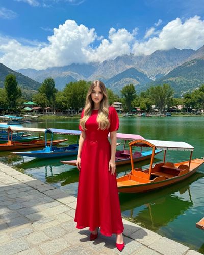 Elegant Woman in Red Amid Kashmir's Dal Lake Serenity