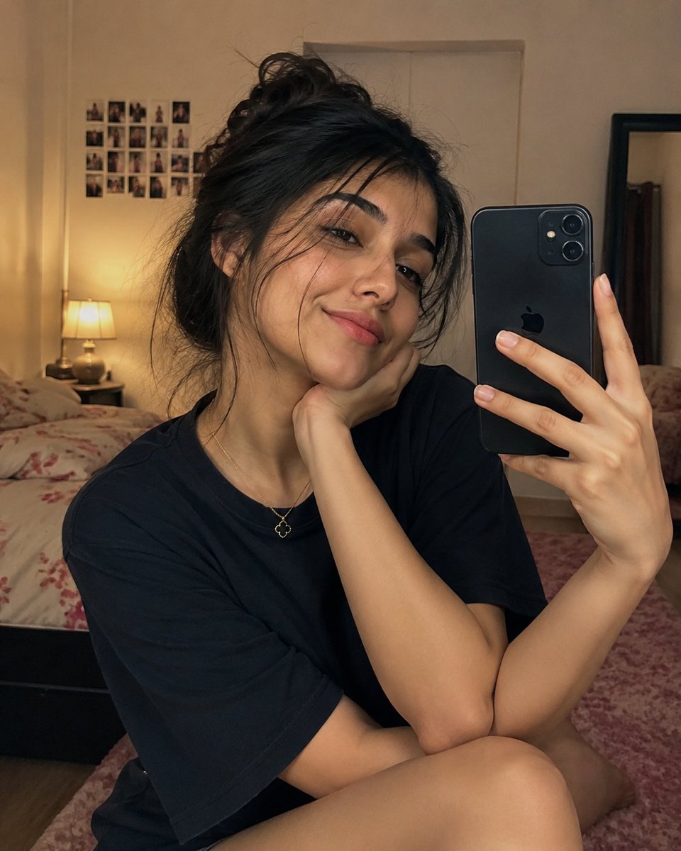 A young woman smiles gently in her cozy bedroom selfie