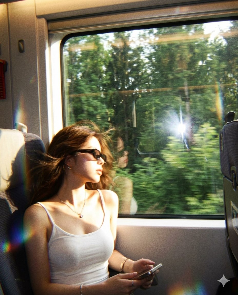 A girl sits curled by a train window in golden light