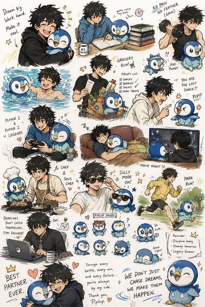 A boy and his Piplup chase dreams in a heartwarming anime collage