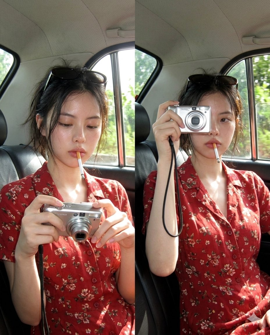 Young woman adjusts camera in sunny car interior with flash