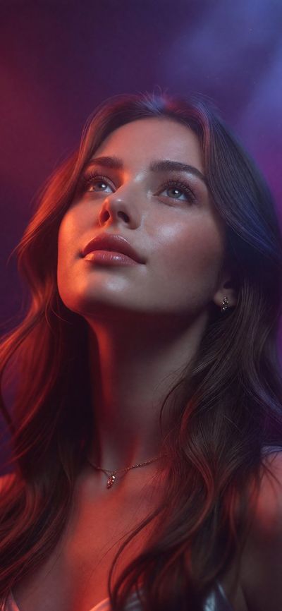 Low-Angle Portrait of a Woman in Neon Purple and Magenta
