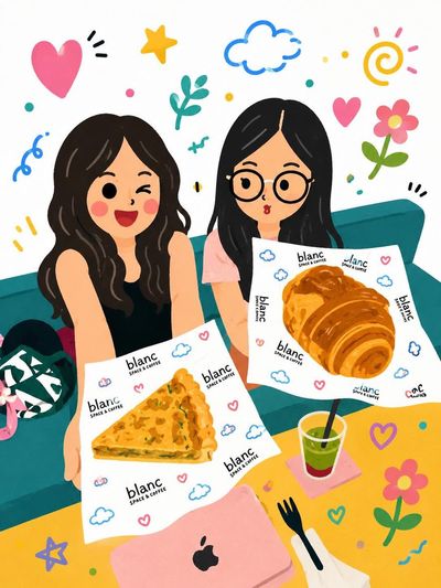 Two best friends share pastries in a cozy café scene