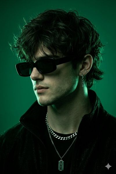 A moody model in green light wears a blade pendant and black jacket
