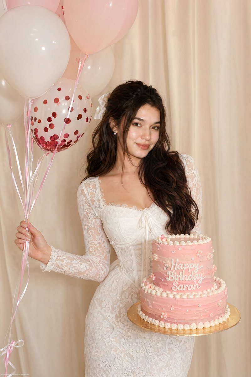 A South Asian woman in white lace holds balloons and a birthday cake