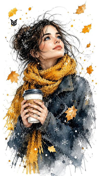 Young woman in mustard scarf holds coffee under sky