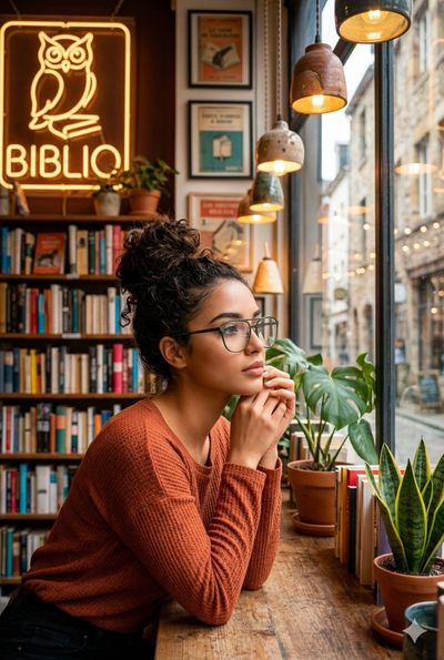 Contemplative young woman sits at a cozy Biblio café counter