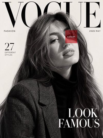 A confident model in a plaid blazer stares upward for Vogue