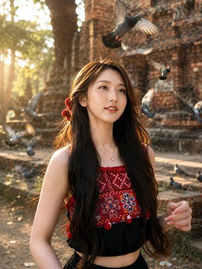 East Asian woman smiles as pigeons fly around ancient temple ruins
