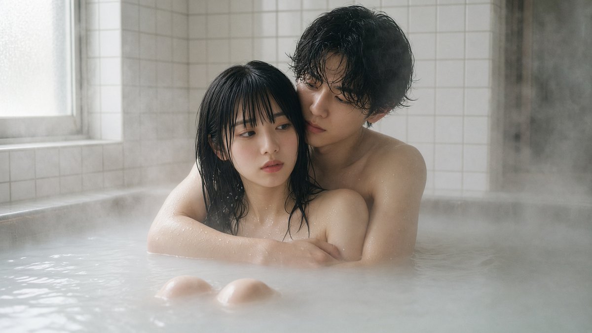 Young couple embraces in milky bath as steam swirls softly
