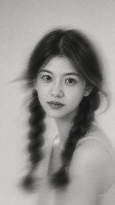 Blurred monochrome portrait with distant gaze and film grain