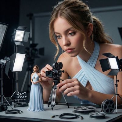 Giant Filmmaker Adjusts Vintage Camera in Ultra-Realistic Studio Scene