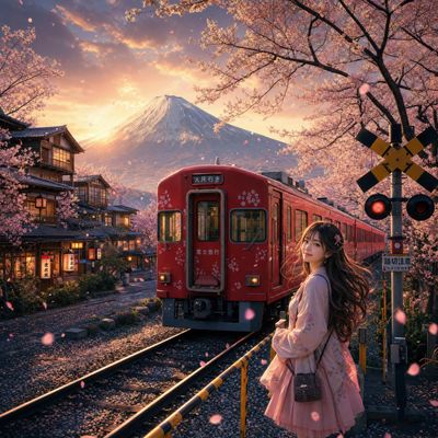 A red train passes cherry blossoms as a girl watches near Mount Fuji