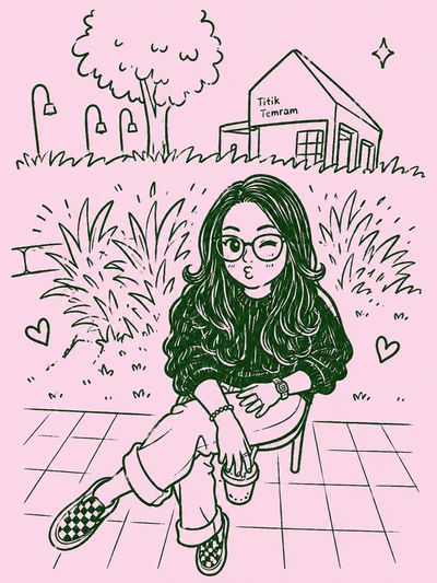 Cute chibi girl with hijab poses in monochrome doodle style