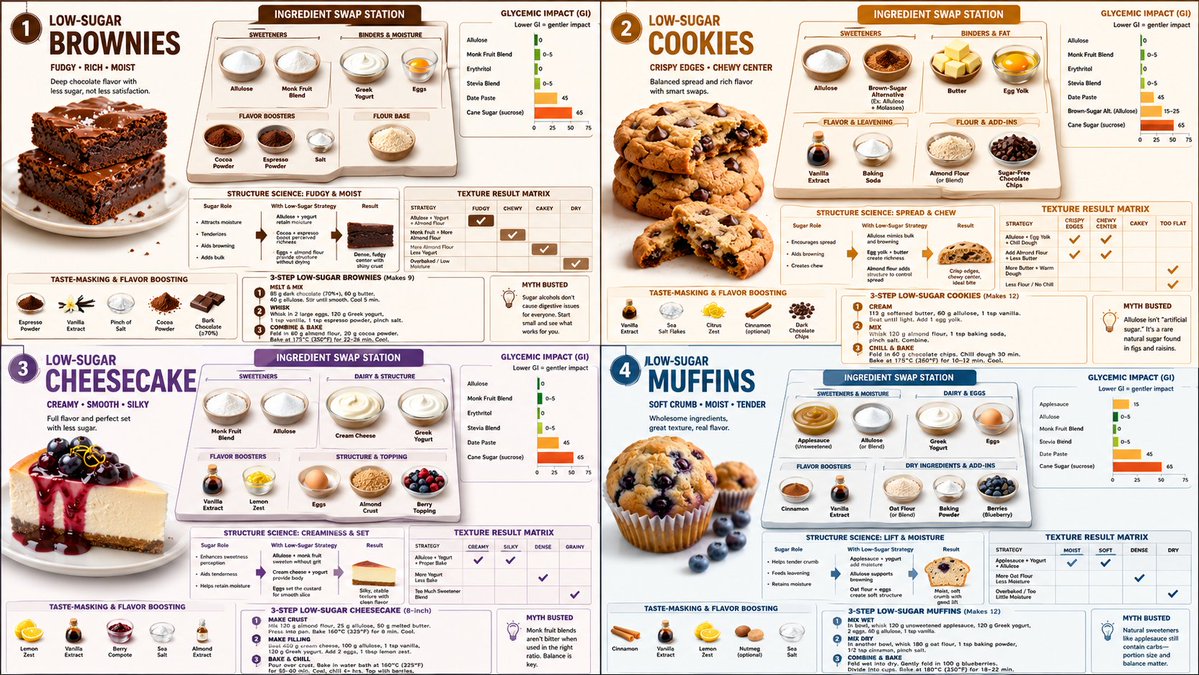 Four low-sugar desserts shown in isometric ingredient swap stations