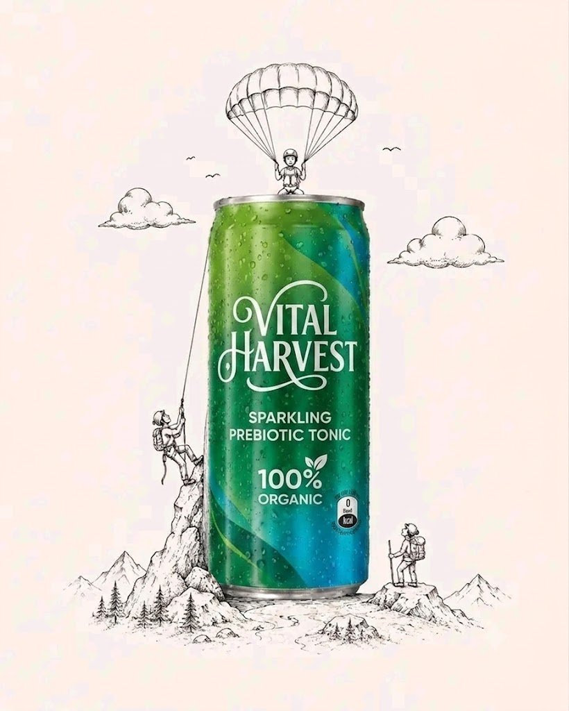Refreshing citrus drink in a vibrant package with adventure sketches
