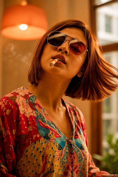 Woman in landscape print outfit blends seamlessly with cobblestone square