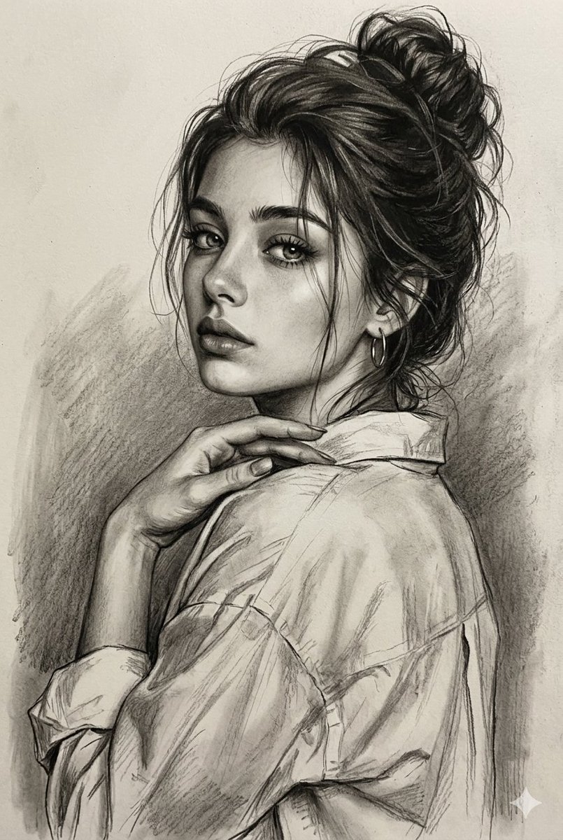 Young woman looks over shoulder with serene expression in graphite
