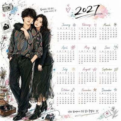 Korean illustration style desktop calendar for 2027 monthly layouts