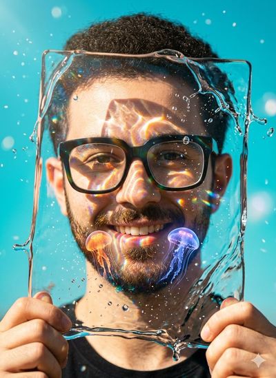Cinematic Portrait with Fluid Glass and Bioluminescent Jellyfish