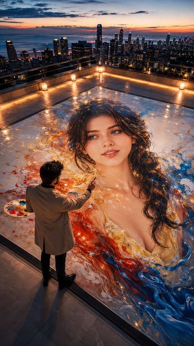 An artist paints a luminous woman on a rooftop terrace