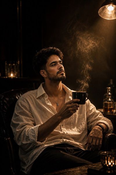 Man in white linen shirt enjoys coffee under warm lamp