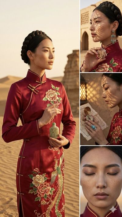 A woman in a red cheongsam stands in a desert at golden hour.