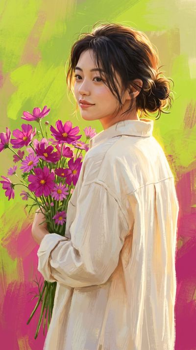 Woman in Cream Shirt Holds Pink Cosmos in Golden Light