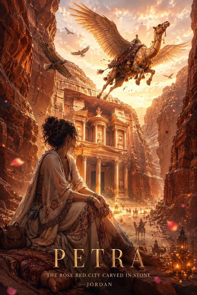 A woman in bohemian attire gazes at Petra with a flying griffin