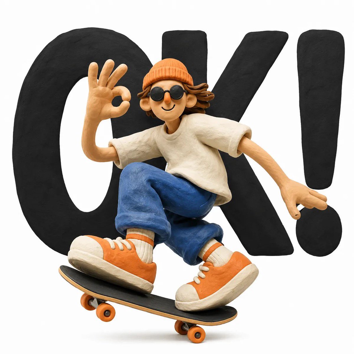A cheerful clay character leaps beside bold black typography