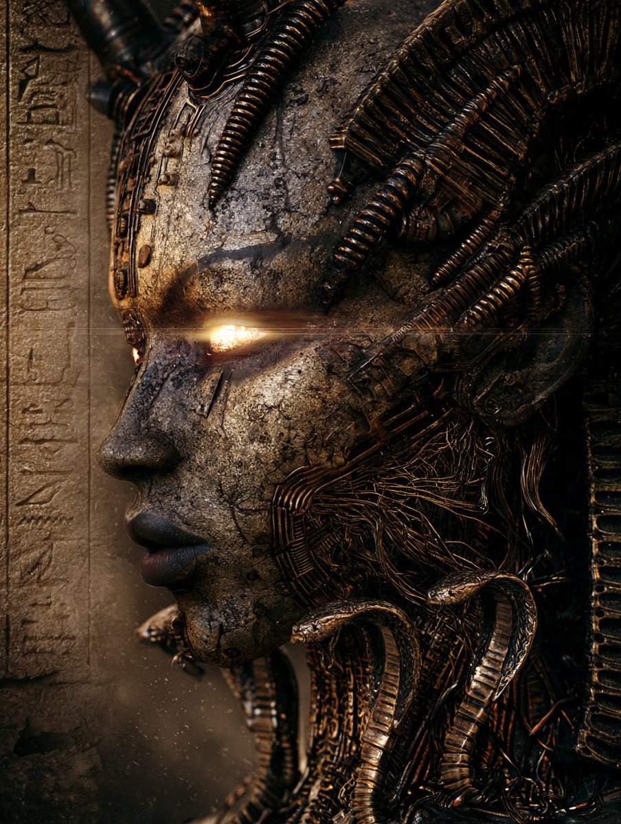 Weathered Biomechanical Entity Glows With Implants in Profile View