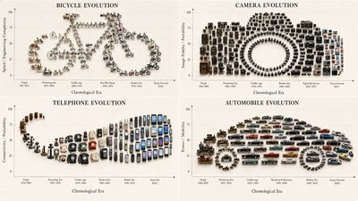 Camera evolution grid forms giant camera silhouette on canvas