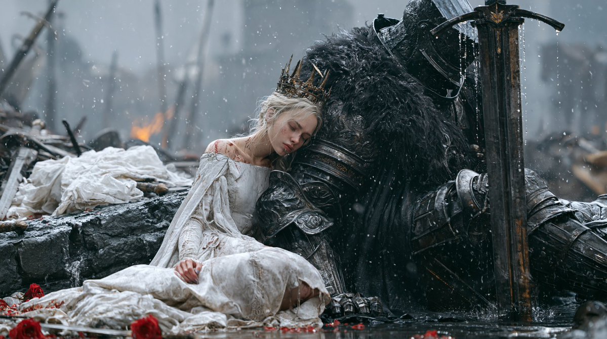 Wounded queen leans on armored knight in rain-soaked battlefield