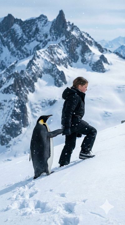 Epic Snowy Adventure: Girl and Penguin Climbing a Frozen Peak