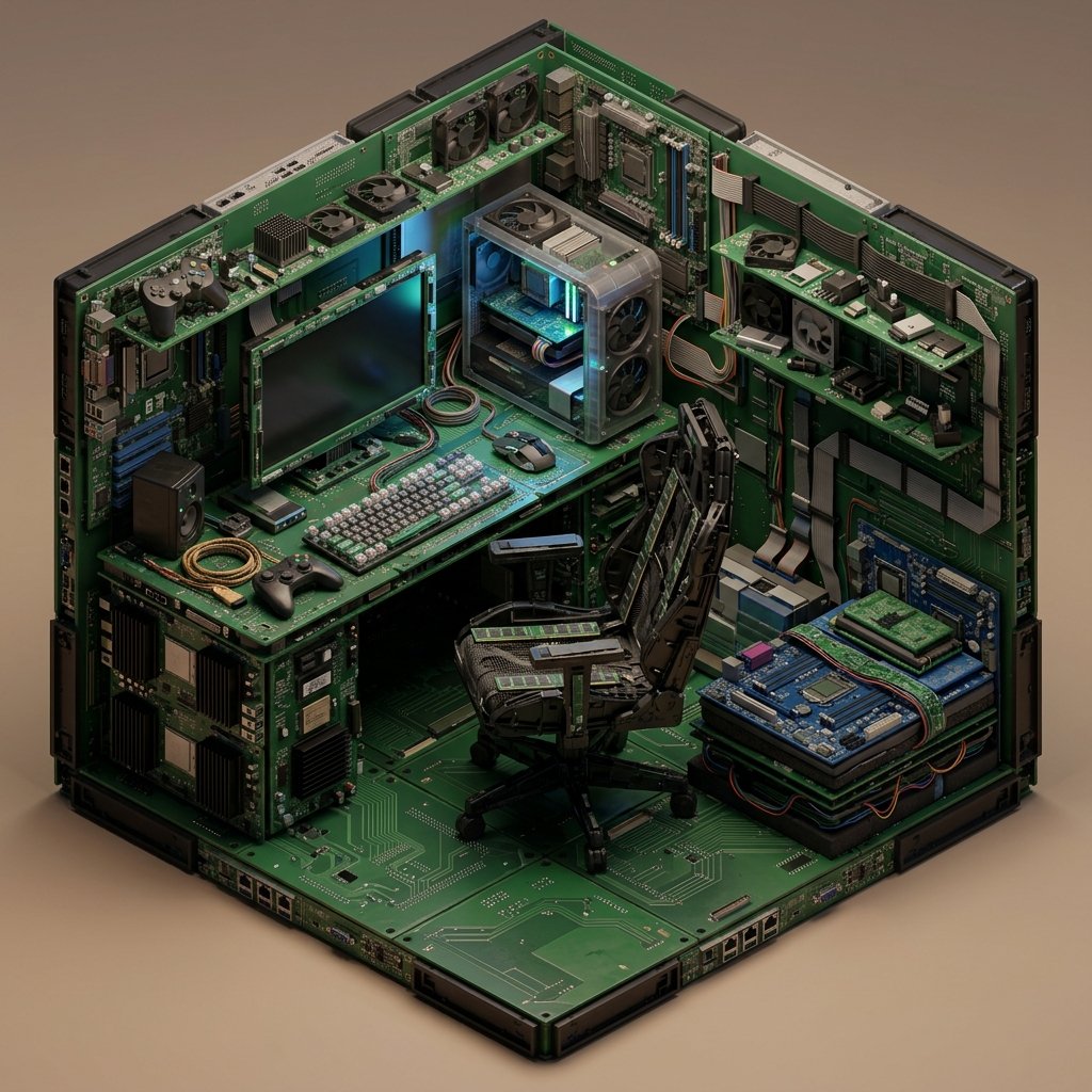 Isometric Gaming Room Crafted from Computer Components - PromptGather.io
