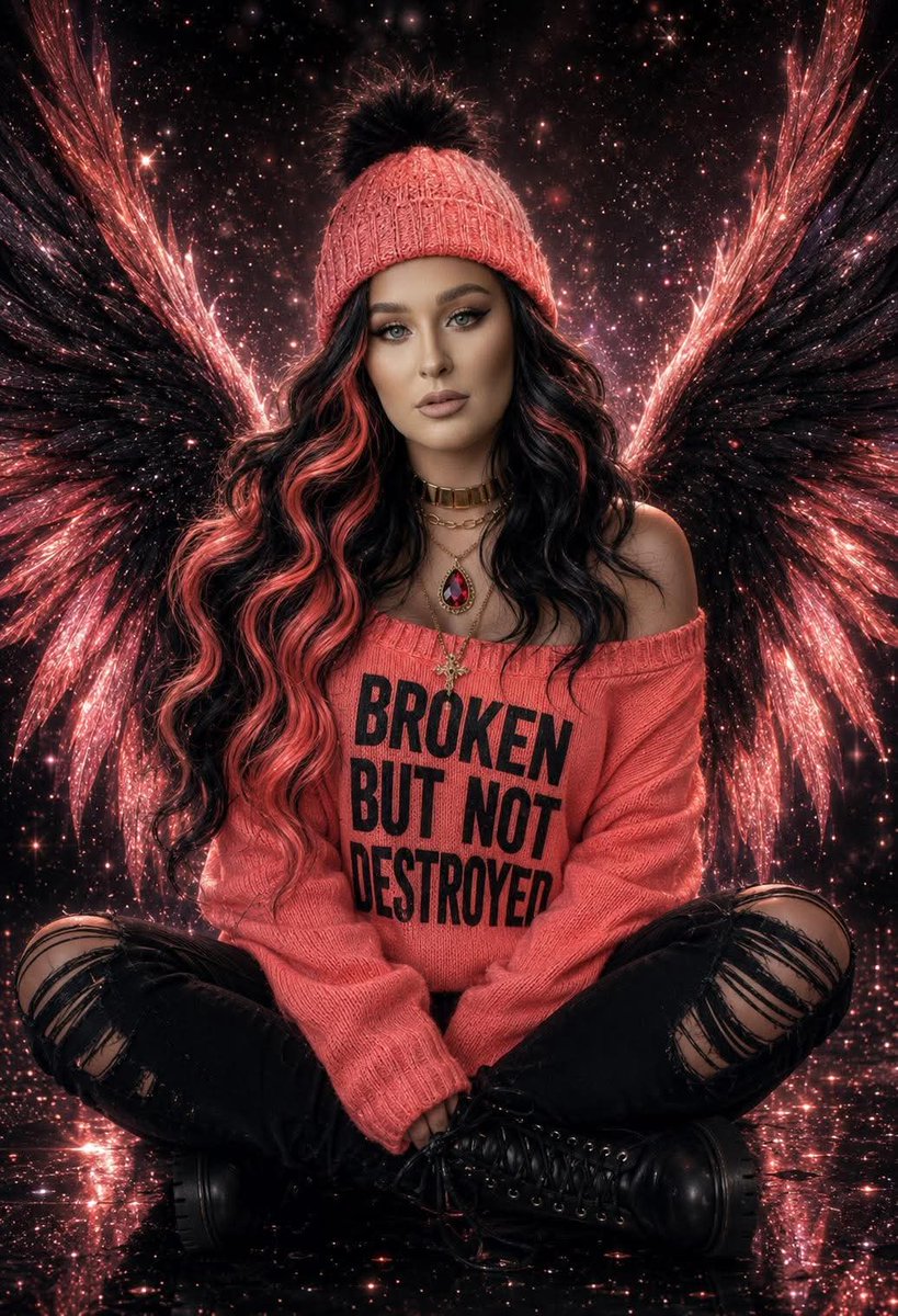 Curvy angel with coral wings sits among cosmic stardust