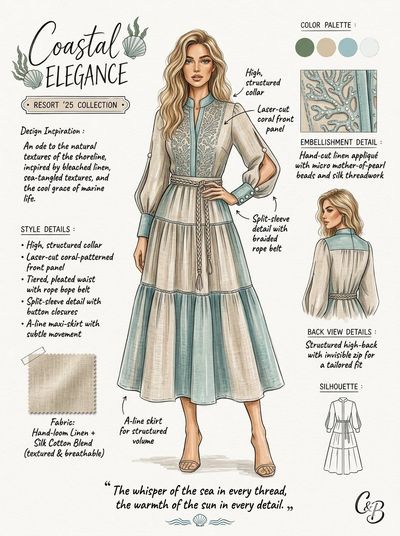 Blonde model poses in coastal resort maxi dress sketch